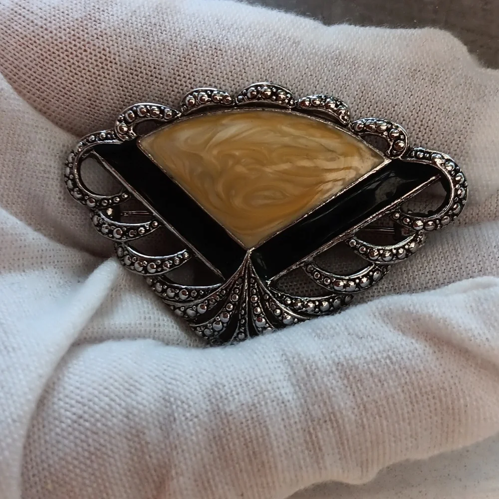 Vintage Avon Cream and Black Art Deco Filigree Fan- Shape Brooch Silver Tone